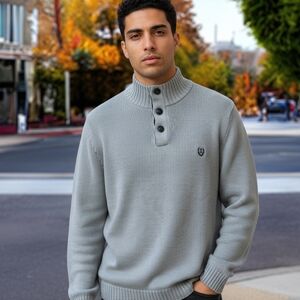 Chaps 100% Cotton Mock Neck Henley Cream Sweater With Elbow Patches